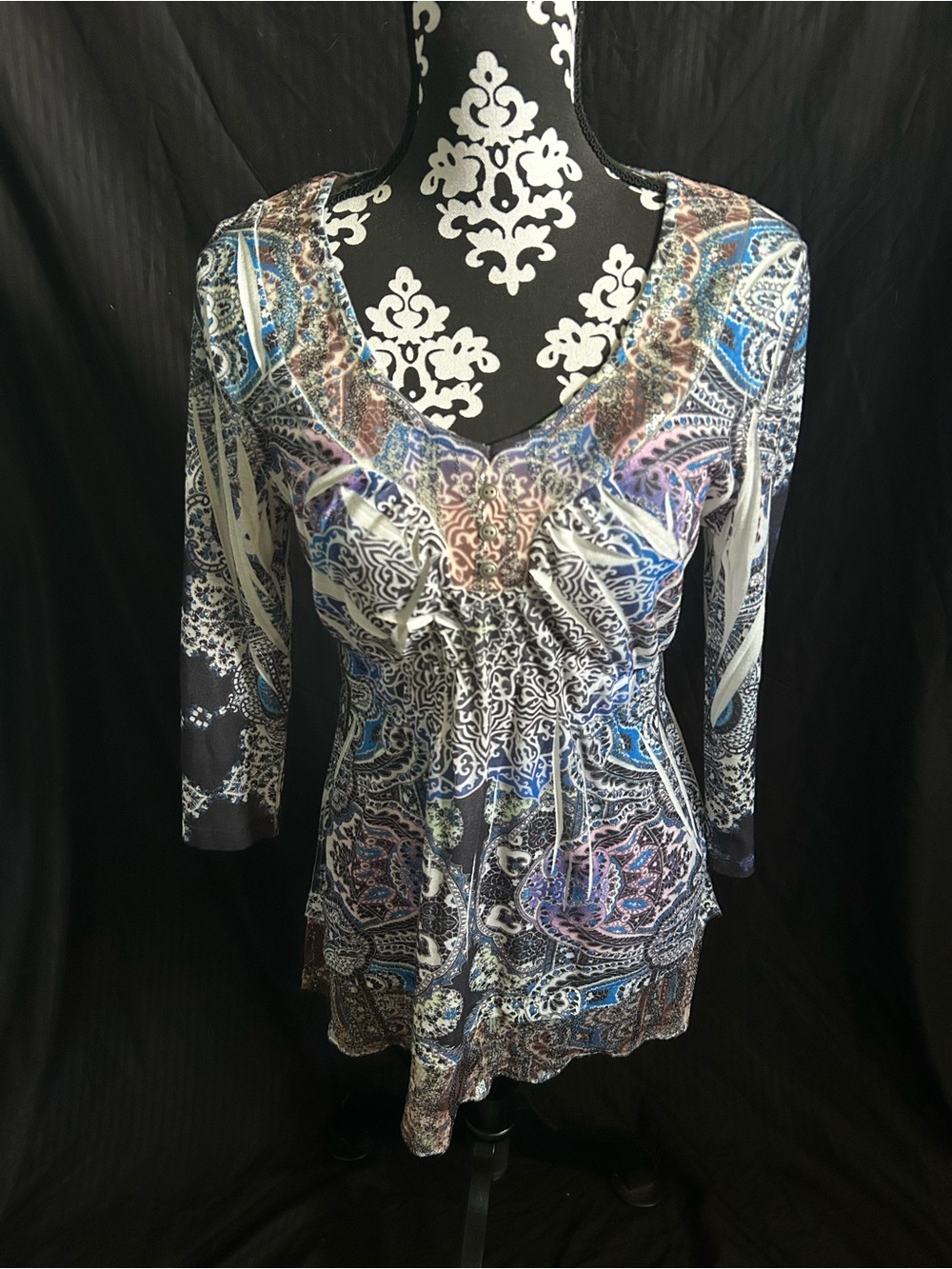 ONE WORLD Blue Paisley Ruched V-Neck Tunic